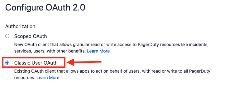 Selecting Classic User OAuth when configuring OAuth functionality