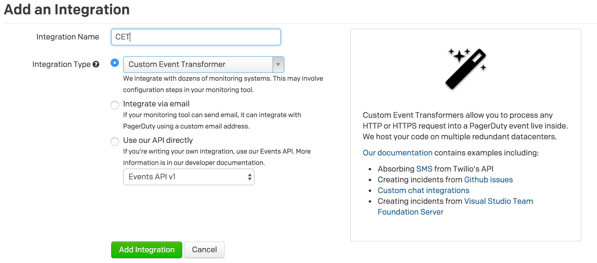 Screenshot for adding custom event transform to a service