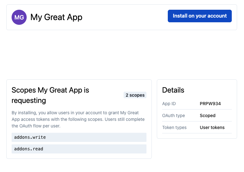 Screenshot of the app installation page an account admin sees
