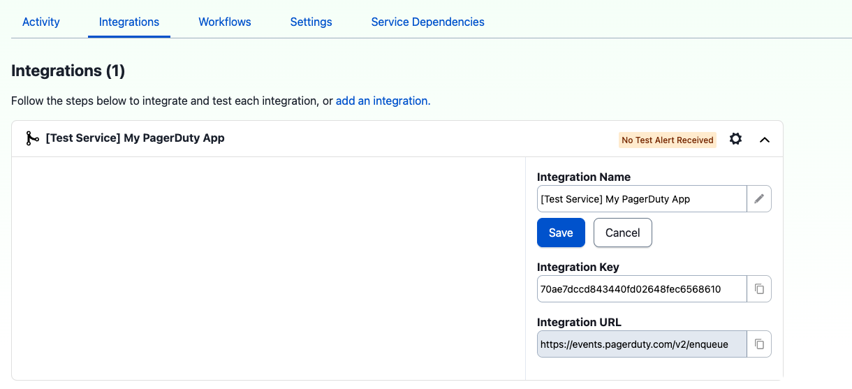 Screenshot of integration key and endpoint for test events