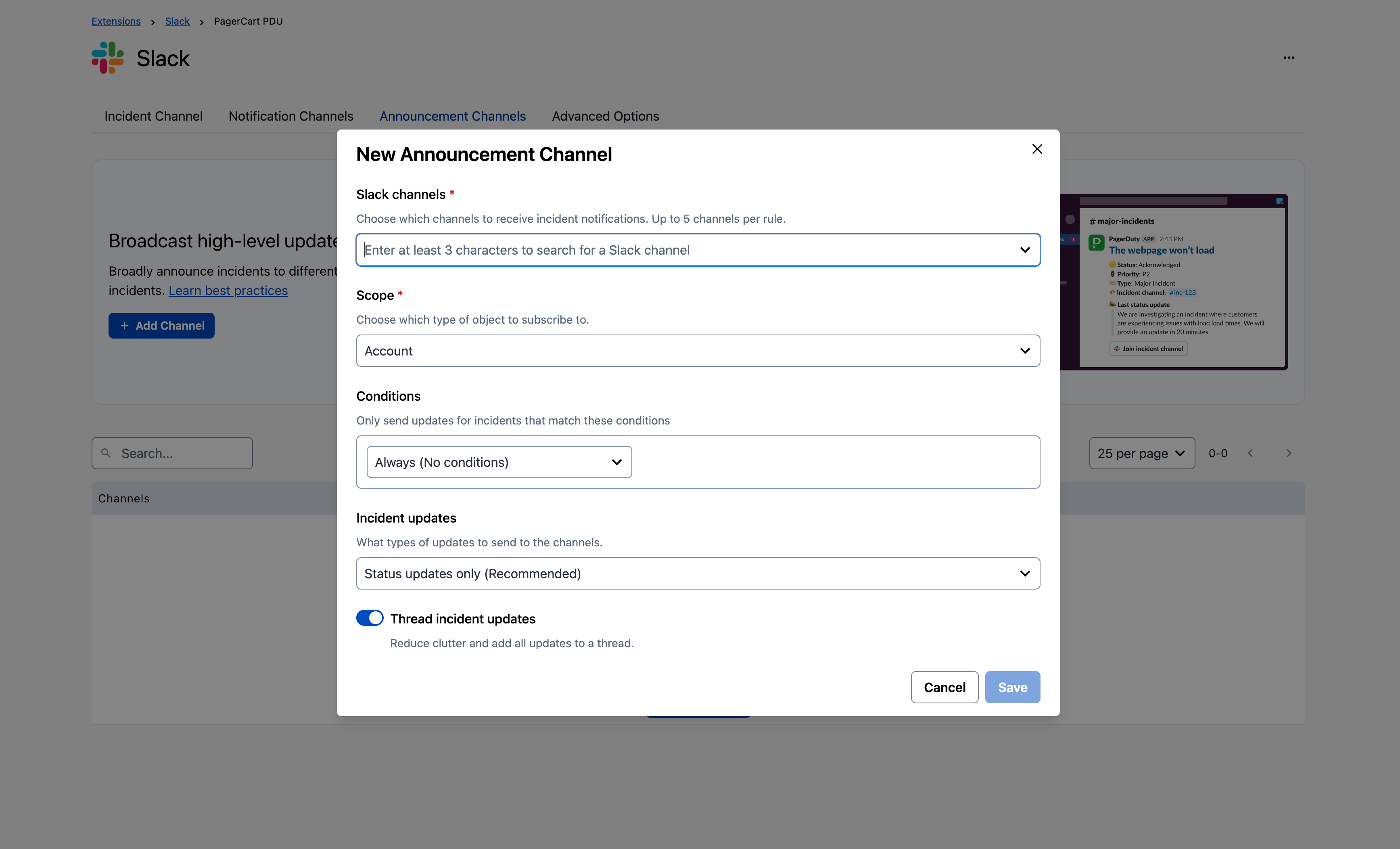 Modal for creating a new annoucement channel