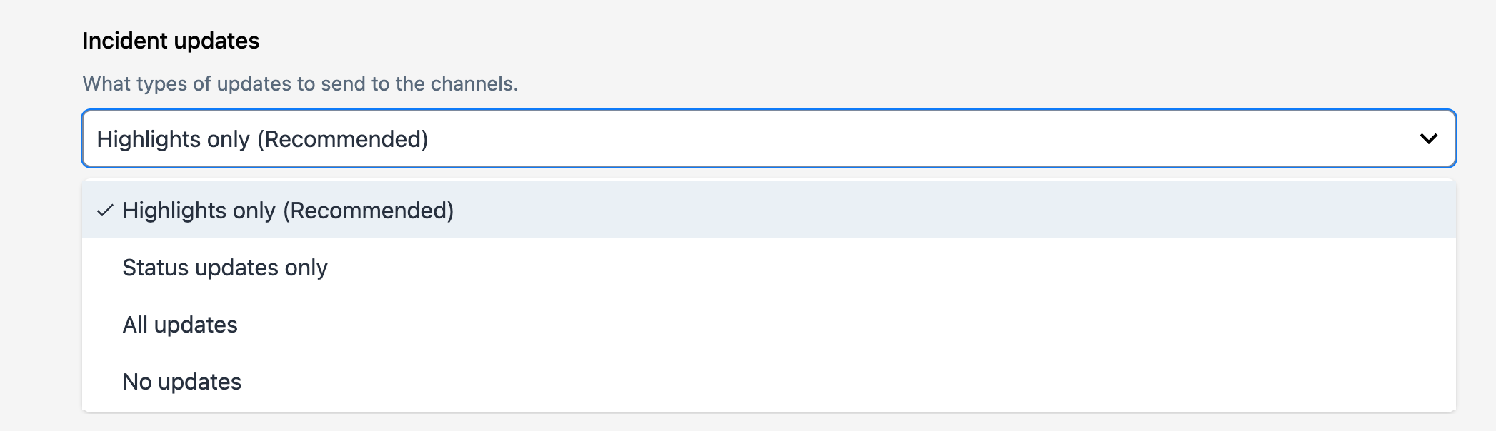 Presets option for incident updates in the notification channel settings