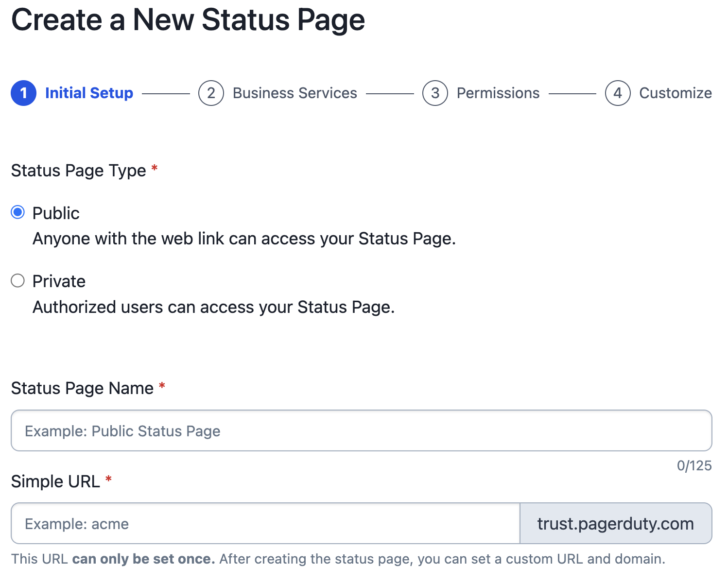 A screenshot of the PagerDuty web app prompting a user to enter a name and simple URL for an External Status Page
