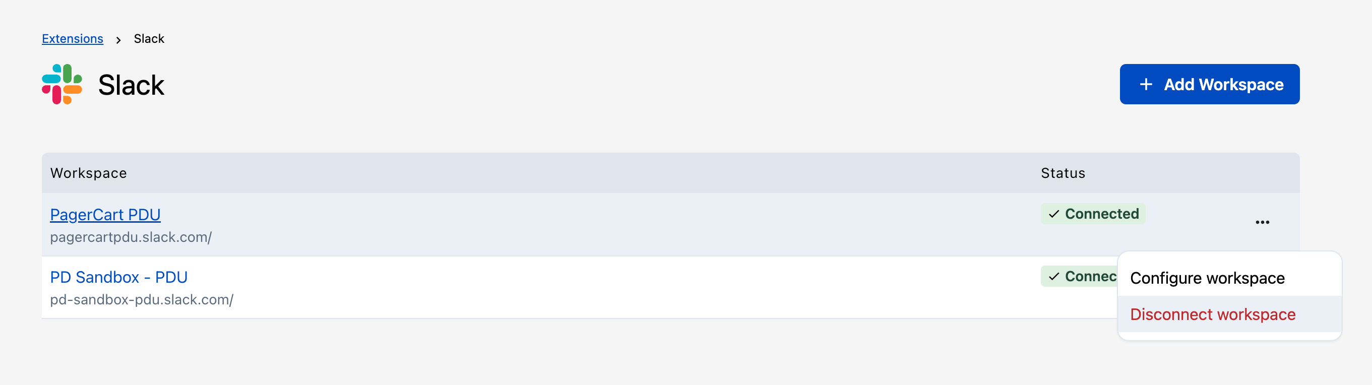 Slack workspace connection options menu in PagerDuty