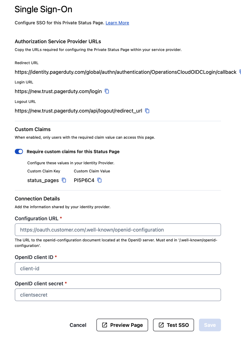 A screenshot of the PagerDuty web app showing SSO configuration details for Private Status Page