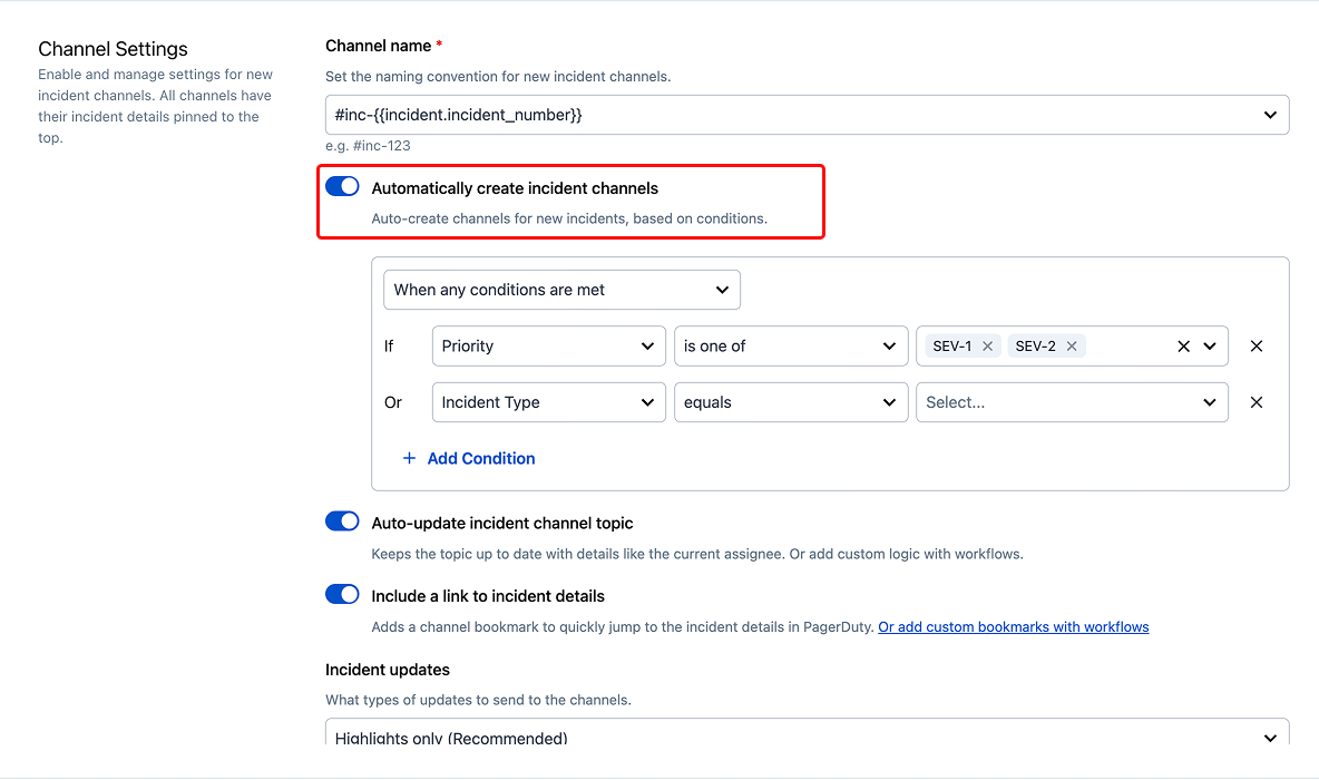 Slack settings within PagerDuty