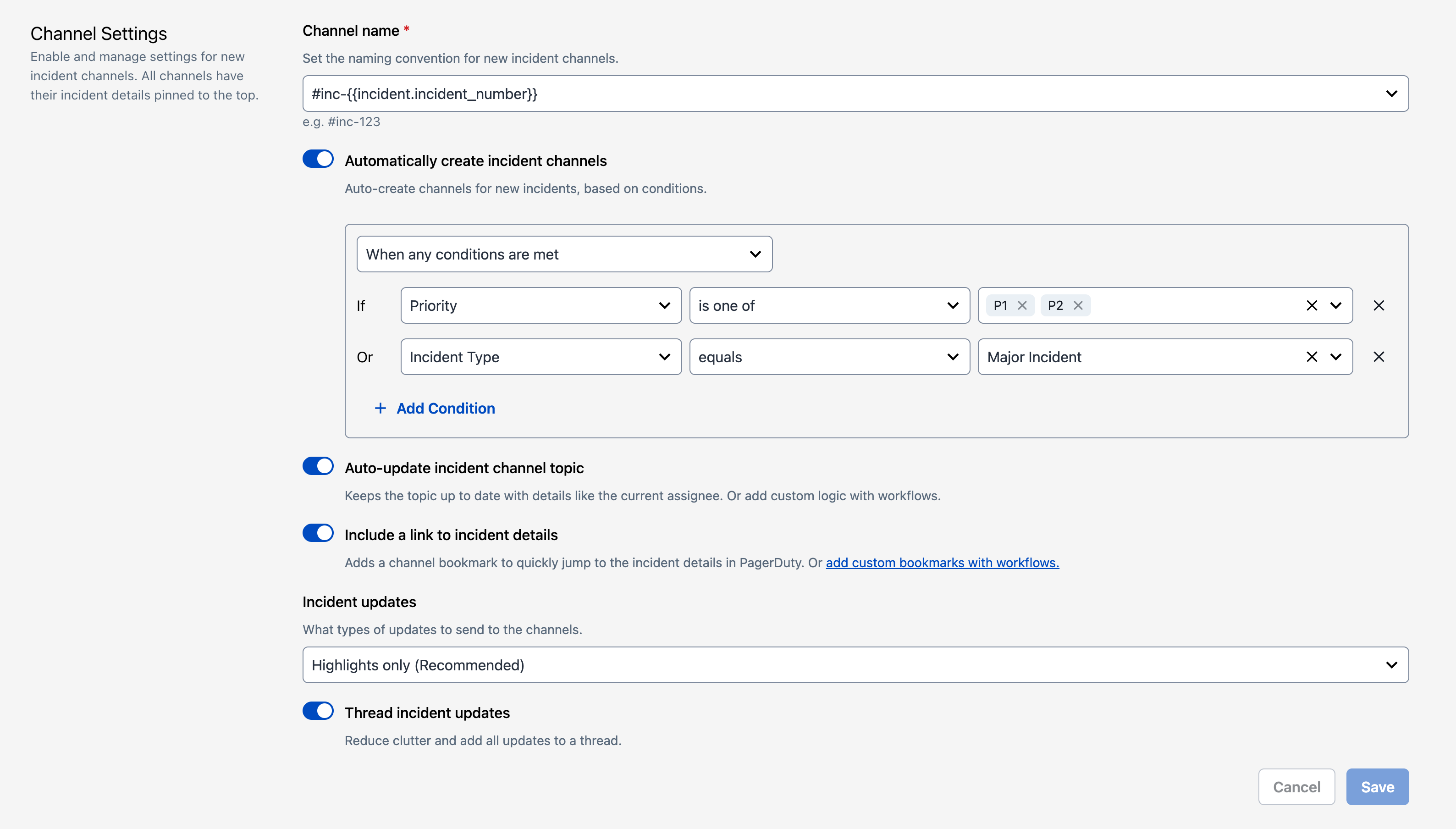 Incident channel settings in the PagerDuty UI