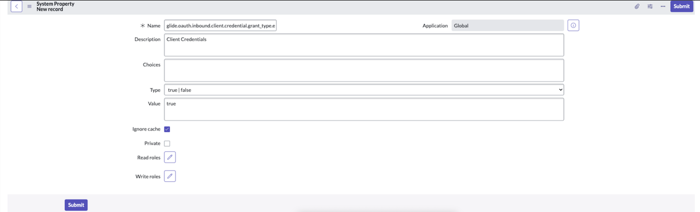 The ServiceNow system property record with the value field set to true